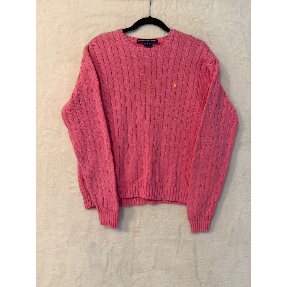 Ralph Lauren Sport Cable Knit Sweater Womens XL Pink Cotton Crew Neck‎ Pullover